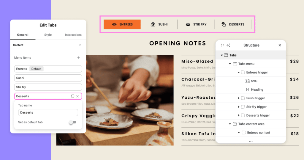 Atomic Tabs felépítése és szerkesztése az Elementor Editor V4-ben