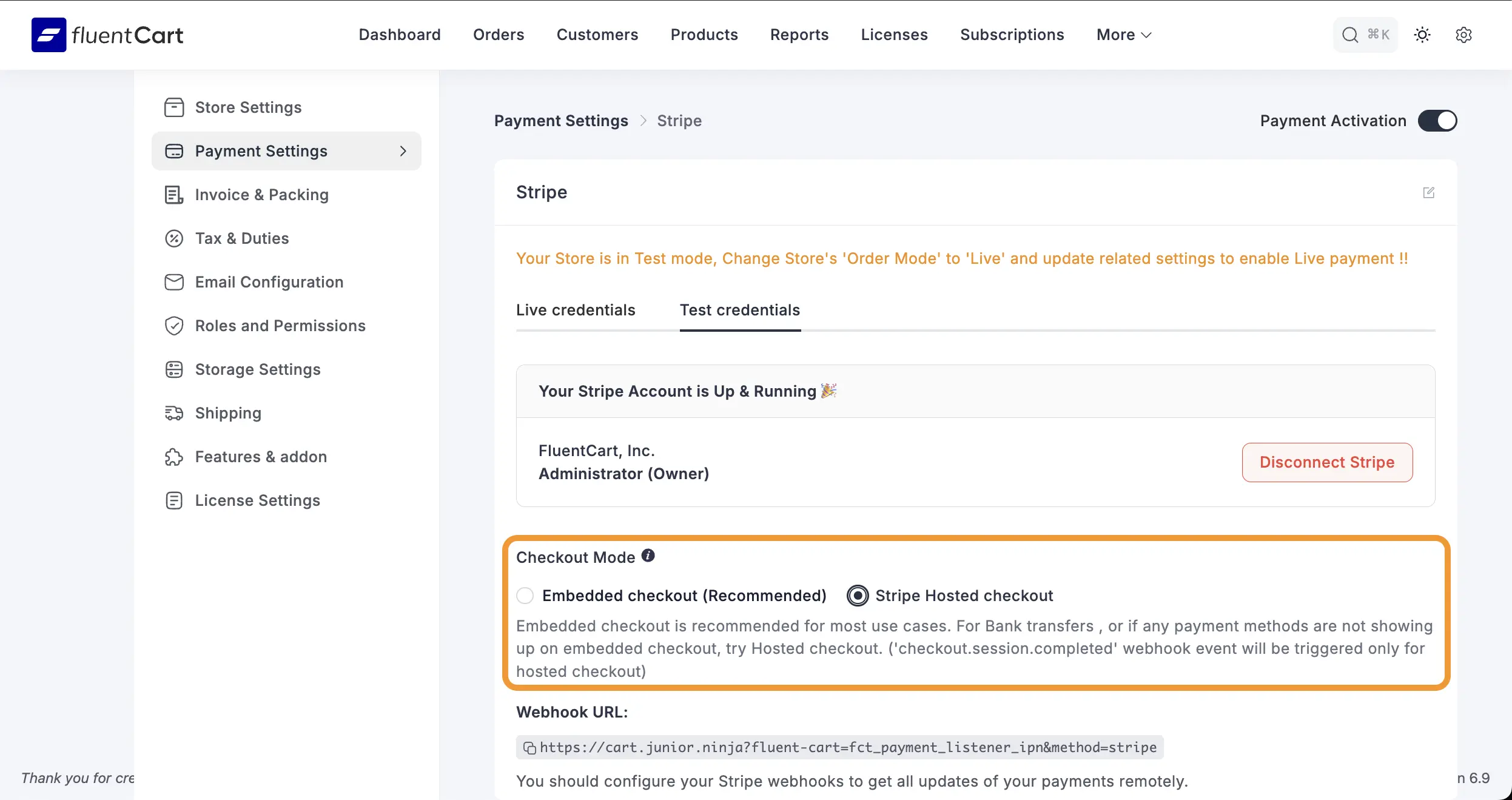 Stripe Hosted Checkout opció FluentCartban