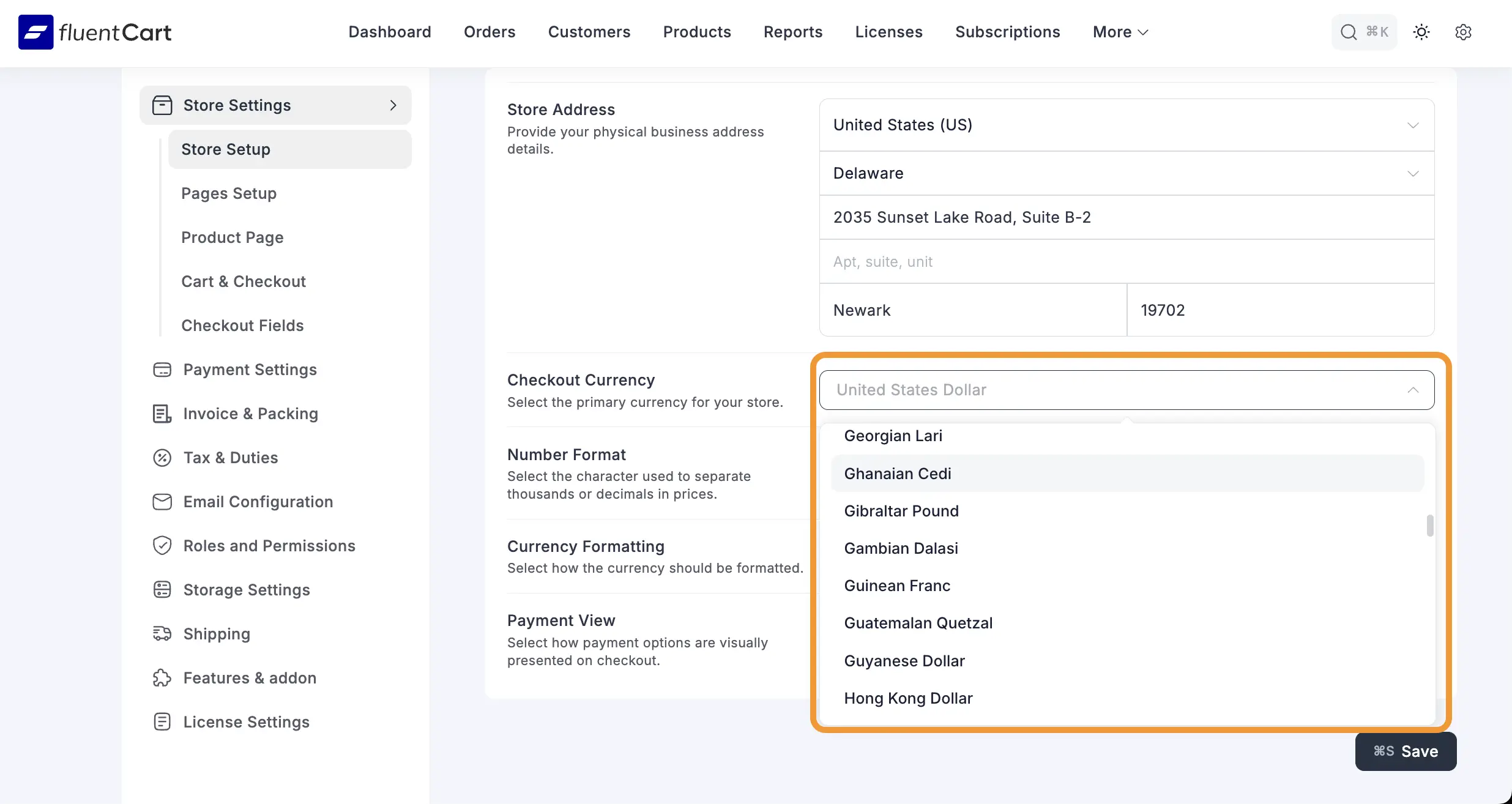 Ghanaian Cedi pénznem beállítás FluentCartban