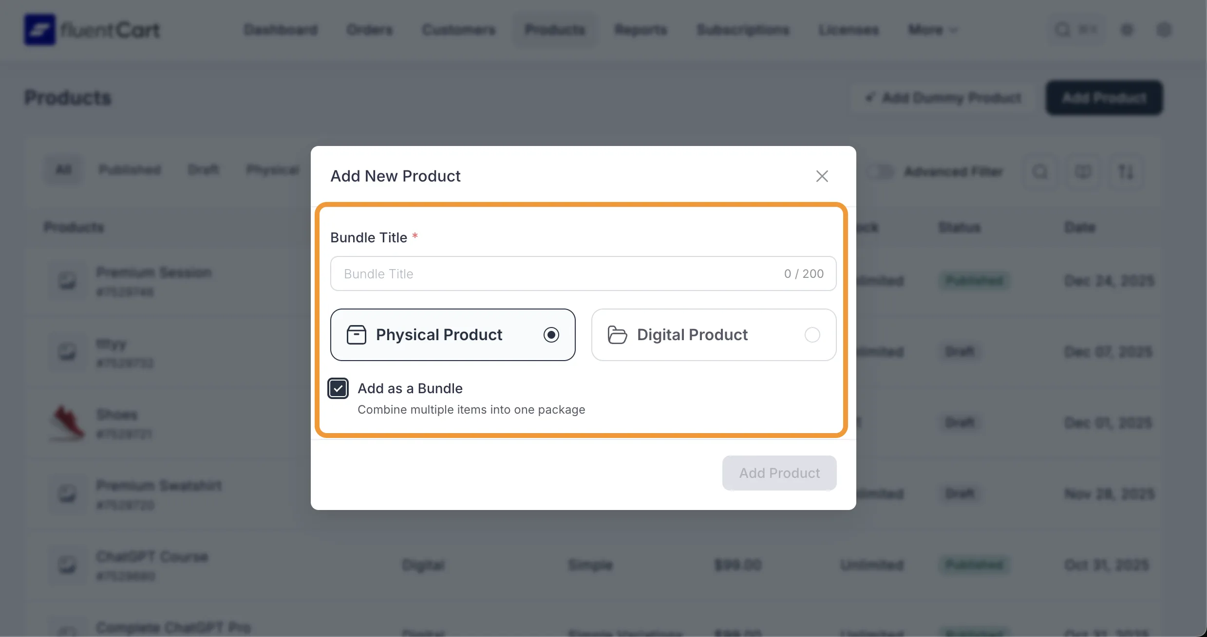 FluentCart csomagtermékek (bundles) beállítási felület