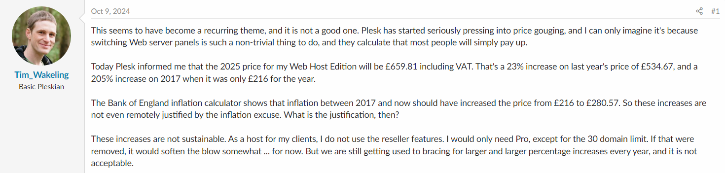Közösségi poszt képernyőkép a Plesk áremelésről