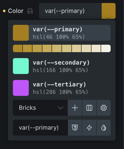 A Bricks 2.2 új Color Control felülete változóválasztóval és palettanézettel