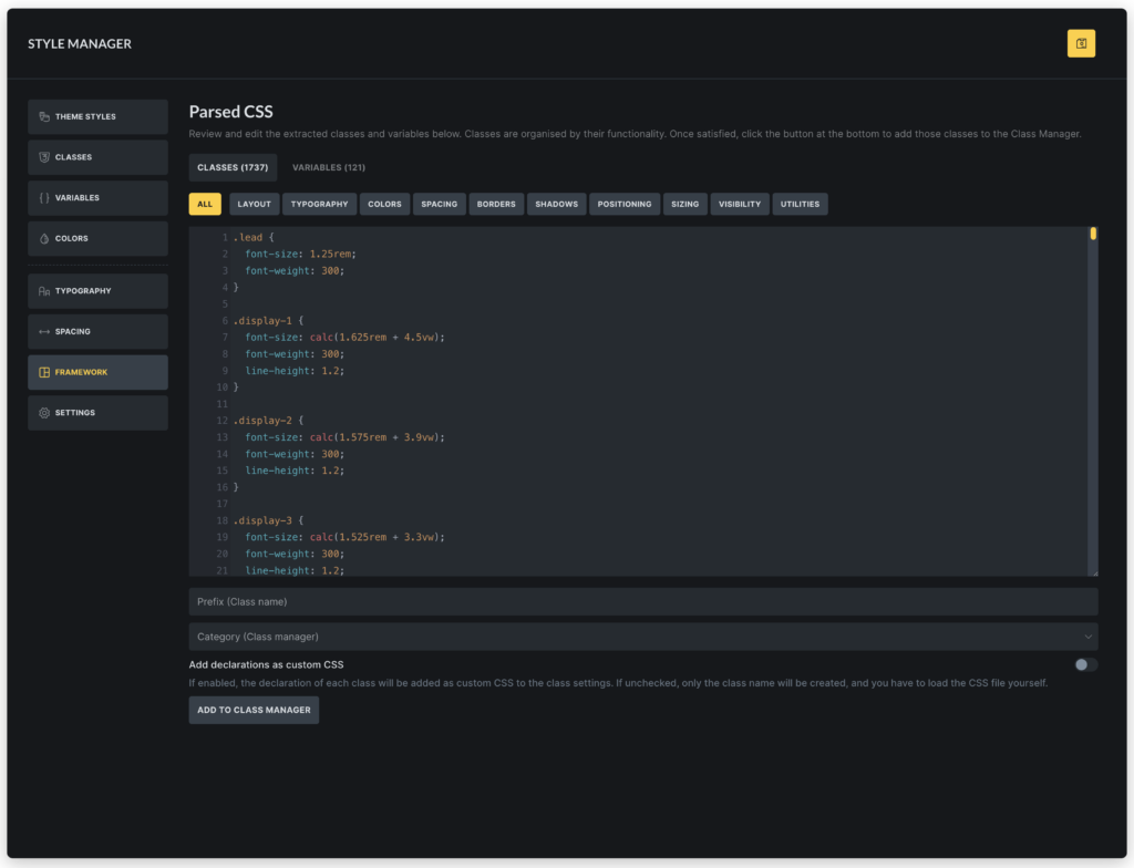 A Bricks 2.2 CSS Framework Importer felülete kategorizált class listával