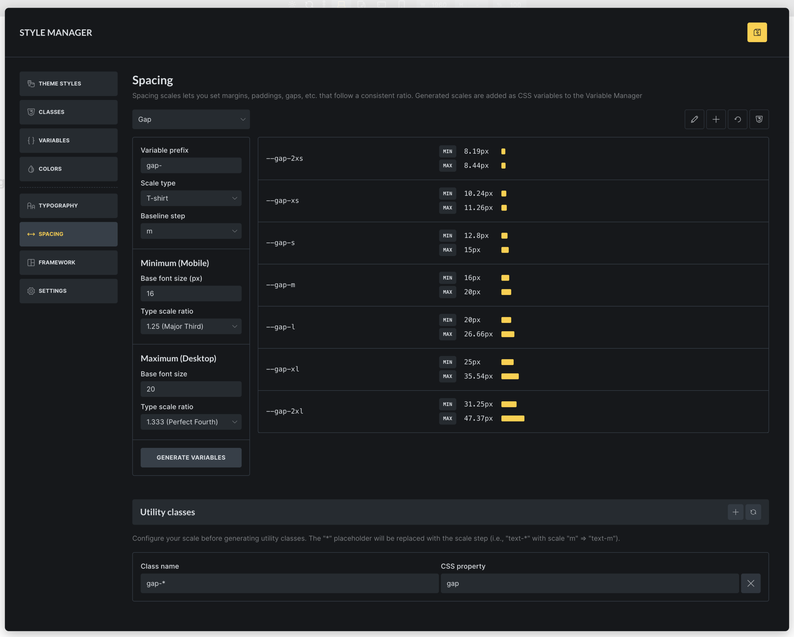 A Bricks 2.2 spacing scale generator felülete skála lépésekkel és előnézettel