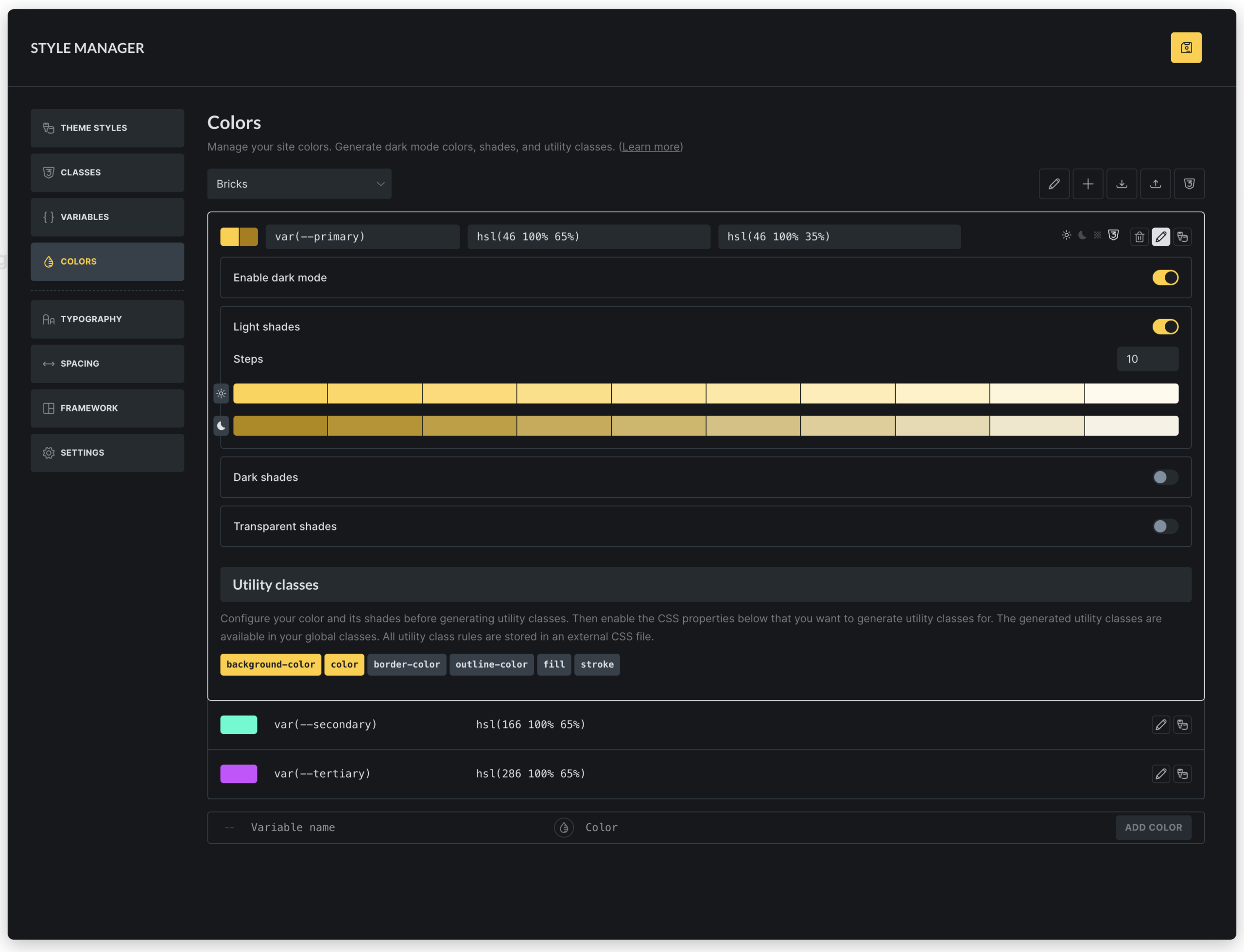 A Bricks 2.2 Color Manager nézete palettákkal és színváltozókkal