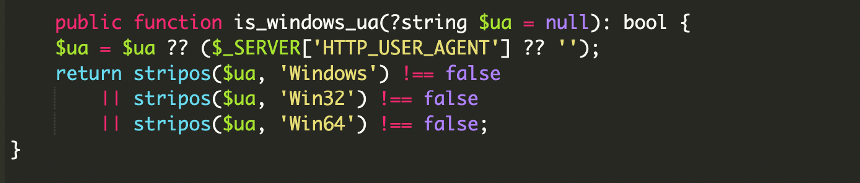 Kódrészlet, ami User-Agent alapján ellenőrzi, hogy Windowsról jön-e a kérés