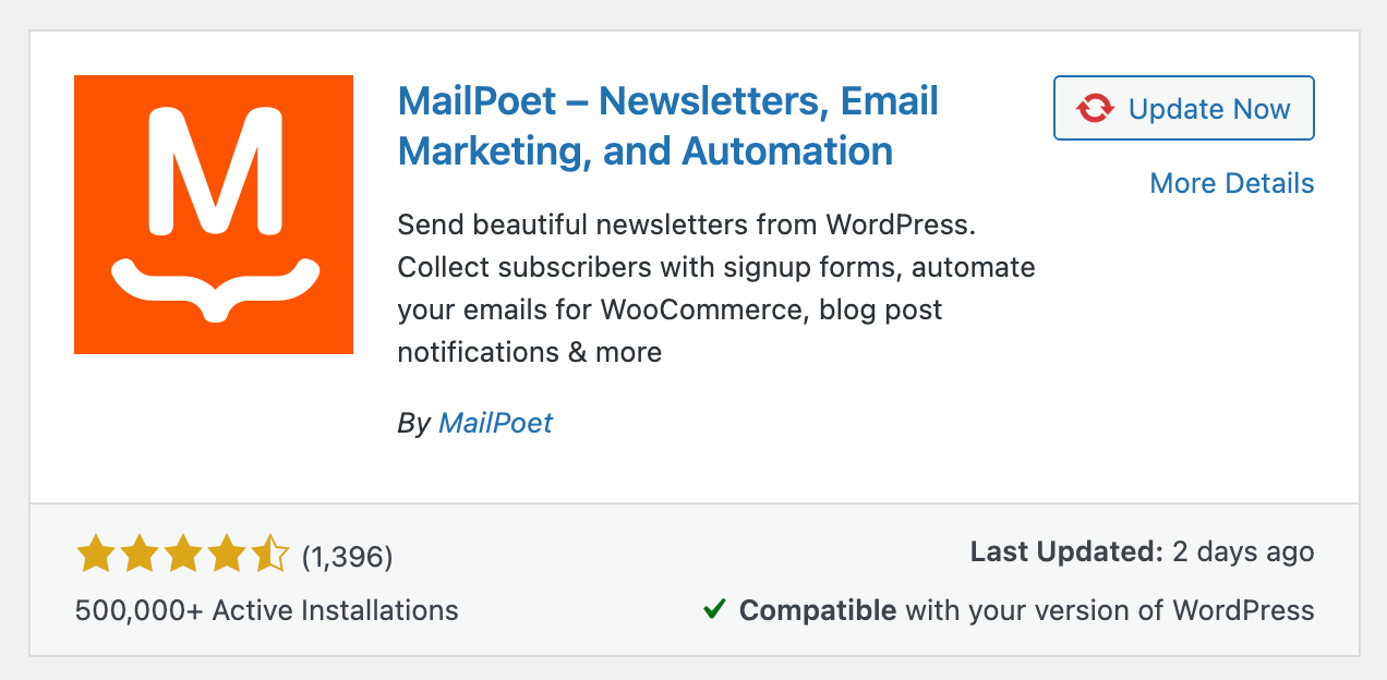 MailPoet plugin telepítése a WordPress bővítmények között