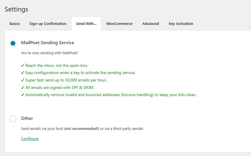MailPoet Sending Service kiválasztása a beállításokban