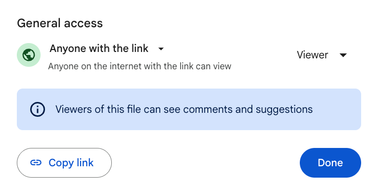 Google Drive megosztási beállítások: hozzáférés „Anyone with the link”