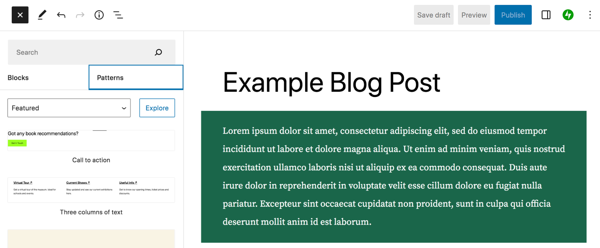 A Patterns fül a Block Inserterben, különböző mintákkal