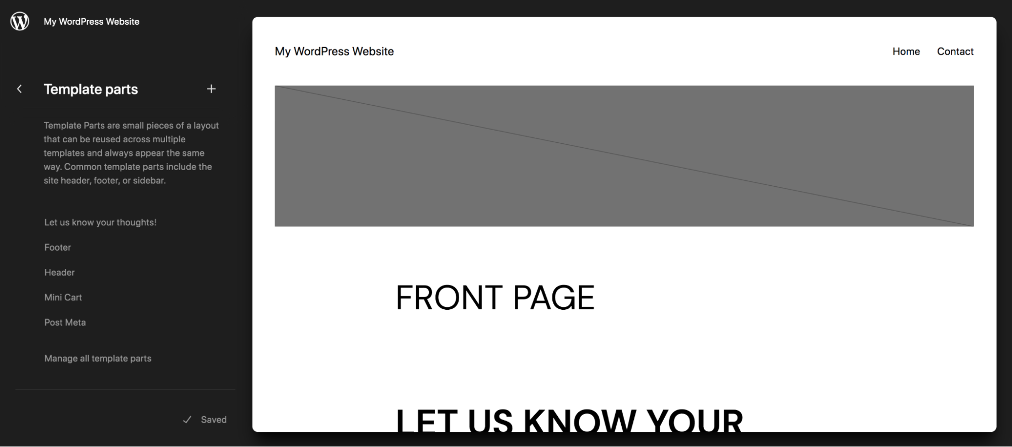Template Parts lista a Site Editorban