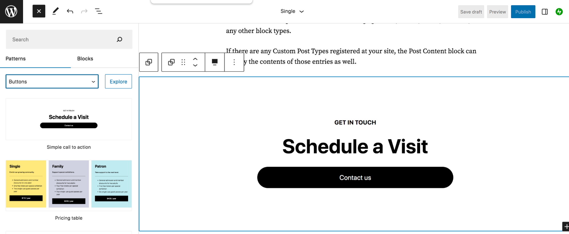 CTA blokkpattern hozzáadása a blogposzt template aljára