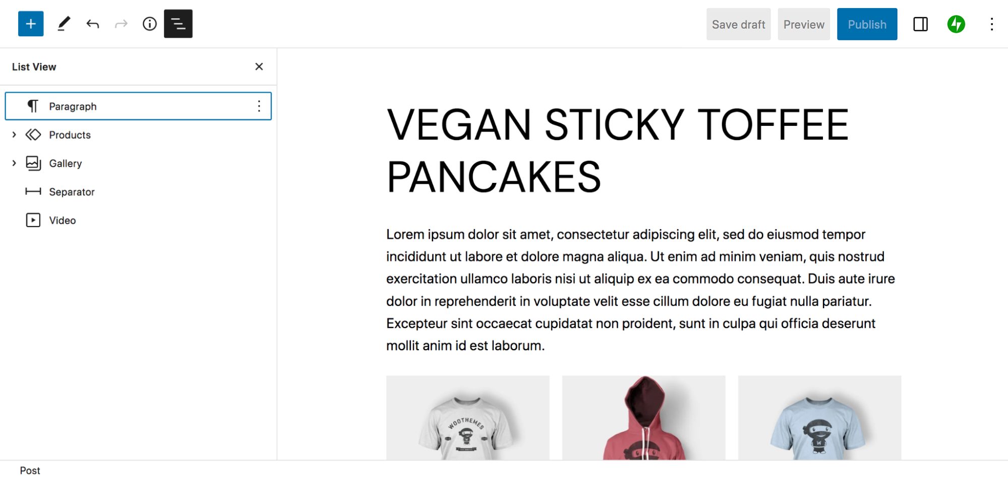 List View megnyitása és a blokkok listája egy posztban