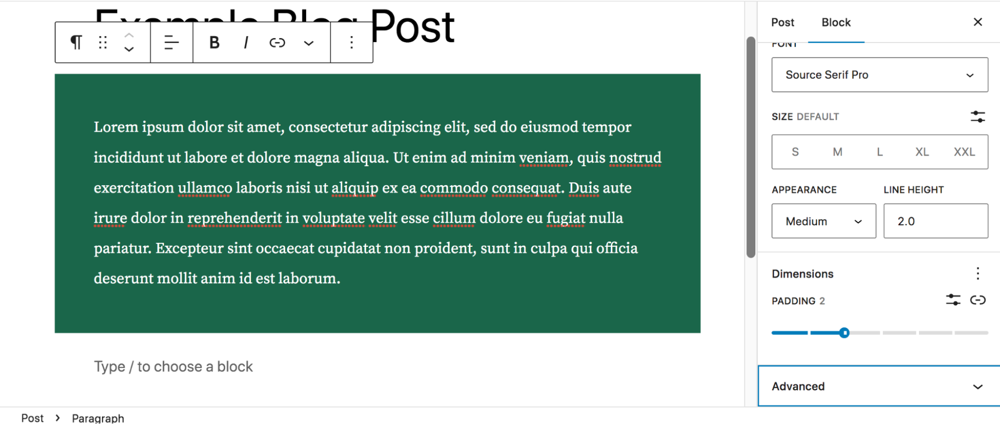 Padding beállítások a Paragraph blokknál a Dimensions szekcióban