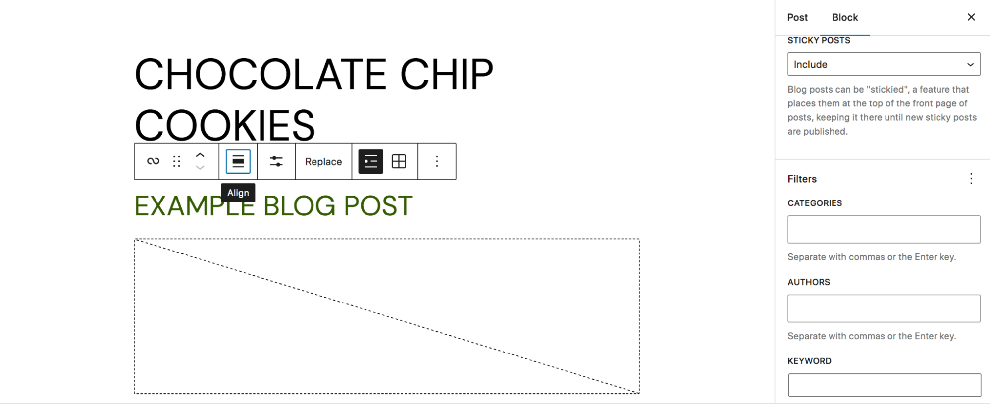 Query Loop beállítások szerkesztése a jobb oldali panelen szűrőkkel