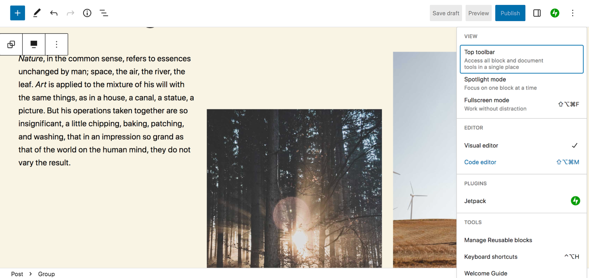 A Code Editor megnyitása a blokkeditor jobb felső menüjéből