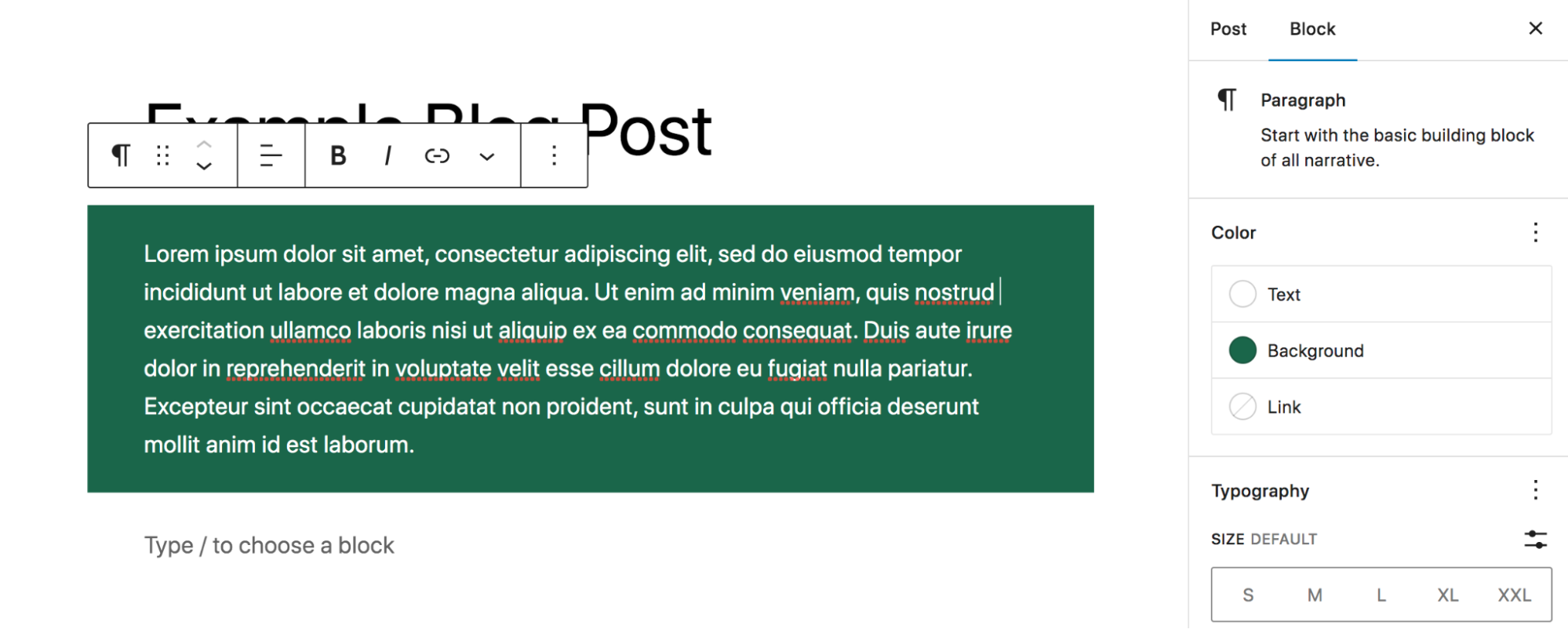 Paragraph blokk zöld háttérszínnel a blokkeditorban