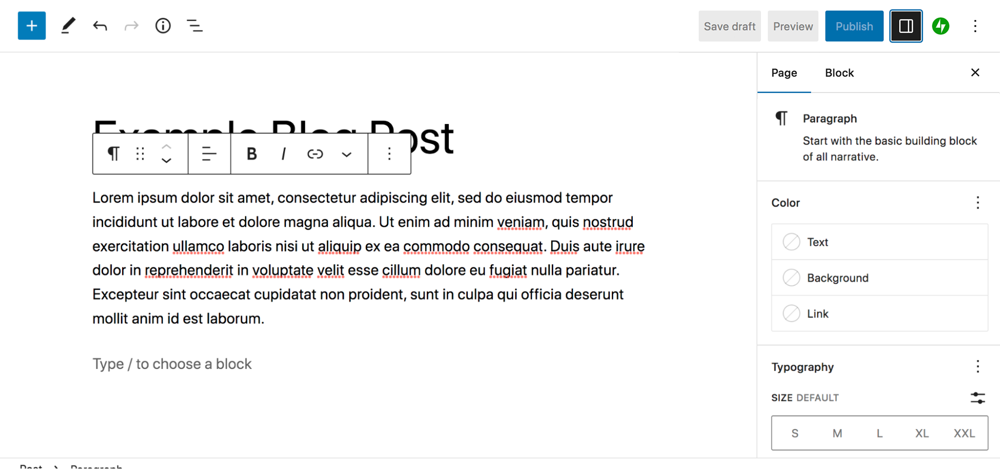 A Paragraph blokk további opciói a jobb oldali Settings panelen