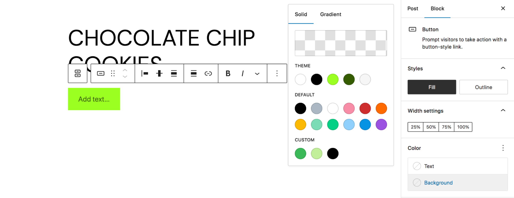 Egy gomb blokk színválasztója a beállított palettával