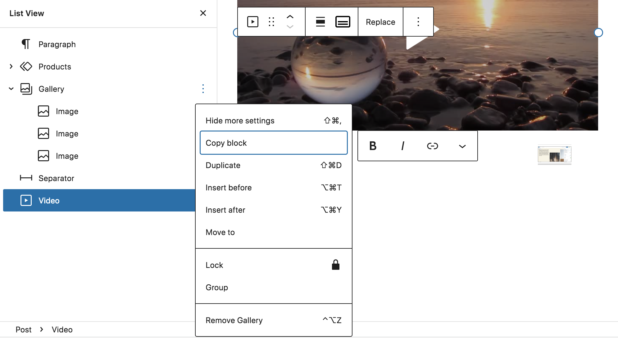 Blokk műveletek a List View-ban (másolás, duplikálás, lock, törlés)