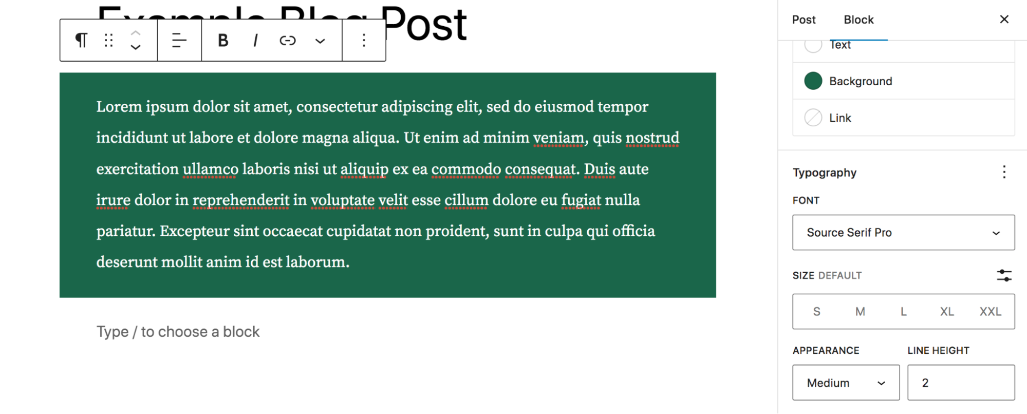 Tipográfiai beállítások a Paragraph blokknál
