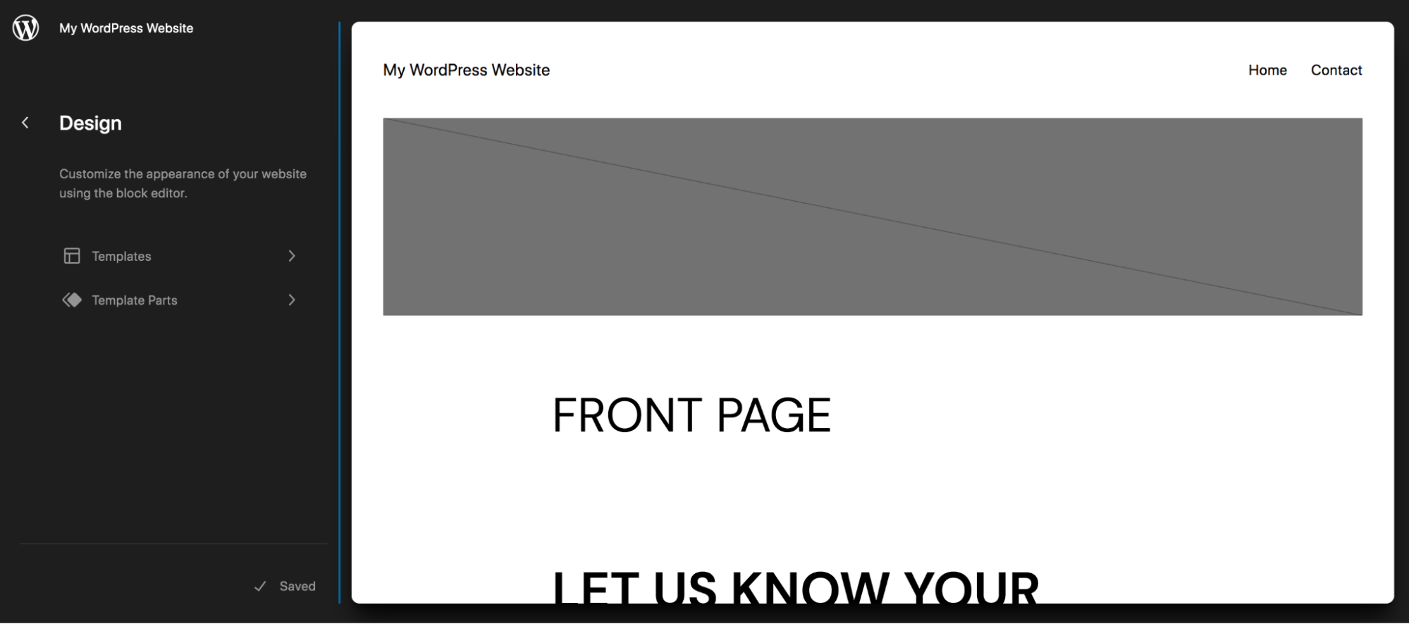 A Site Editor felülete Templates és Template Parts menüvel